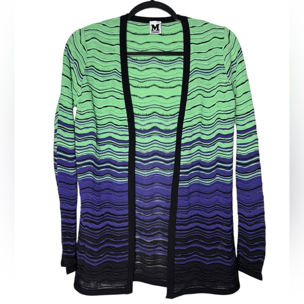 Missoni Women’s Size 8 Knit Open Front Cardigan Green Purple Wavy Stripe Italy
